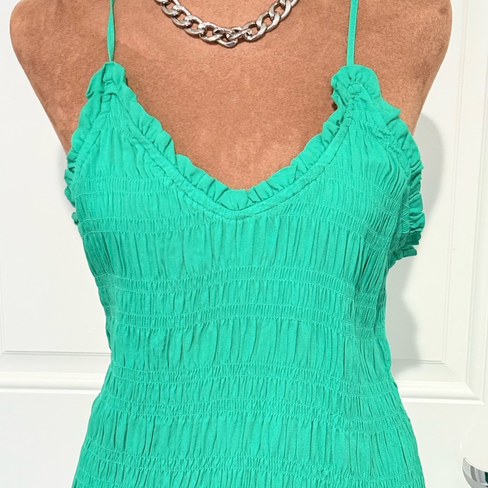 H&M Smocked Green Ruffle Strap Mini Dress Size L Summer - Picture 2 of 5